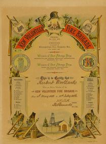 Kew Volunteer Fire Brigade, Certificate of Membership, 1886