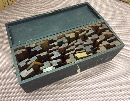 Blackened Wood Toolbox with Hinged Lid containing 45 Moulding Planes