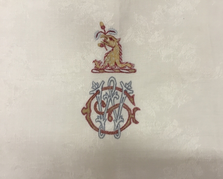 Embroidered Damask Tablecloth embroidered with the Greenlaw Crest