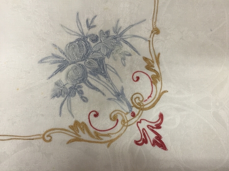 Embroidered Damask Tablecloth embroidered with the Greenlaw Crest