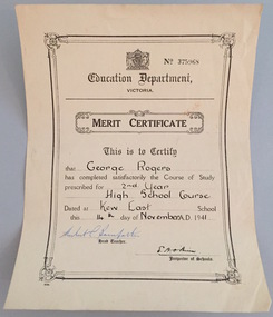 Merit Certificate, George Rogers, Kew East School, 1941