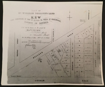 Plan of Mr William Derrick's Land, Kew being Subdivision of Part of Section 86, Parish of Boroondara, County of Bourke, 1872