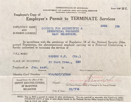 Employee's Copy of Employer's Permit to Terminate Services, Mr GH Rogers, Council for Scientific & Industrial Research (East Melbourne)