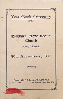 Year Book Directory : Highbury Grove Baptist Church, Kew, Victoria, 80th Anniversary 1936