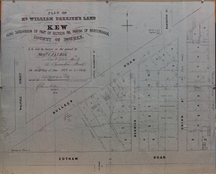 Plan of Mr William Derrick's Land, Kew being Subdivision of Part of Section 86, Parish of Boroondara, County of Bourke, 1872