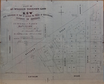 Plan of Mr William Derrick's Land, Kew being Subdivision of Part of Section 86, Parish of Boroondara, County of Bourke, 1872