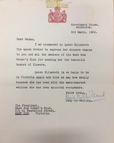 Document, Letter to the President of the East Kew Women's Club from the Lady in Waiting to Queen Elizabeth The Queen Mother, 1958