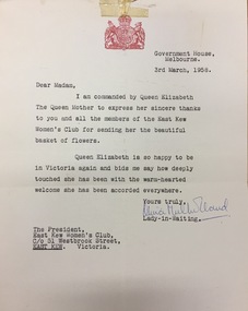 Document, Letter to the President of the East Kew Women's Club from the Lady in Waiting to Queen Elizabeth The Queen Mother, 1958