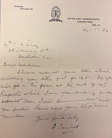 Document, Letter, to Mrs. V.L. Ling, 3 Kinkora Road, Hawthorn / from Miss Hilda Daniell, Principal of Ruyton GGS, 1950, 1950