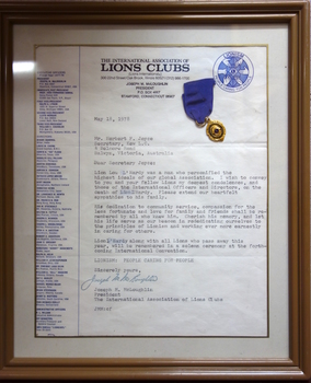 Letter from the President of the International Association of Lions Clubs re Lou L'Hardy, 1978