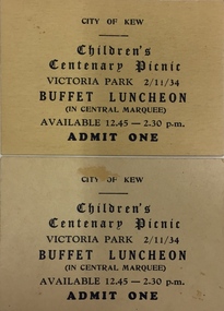 Two tickets to the Children's Centenary Picnic, Victoria Park, 1934