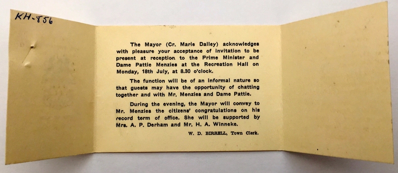 Invitation to Meet Mr Menzies and Dame Pattie Menzies, City of Kew, 1955