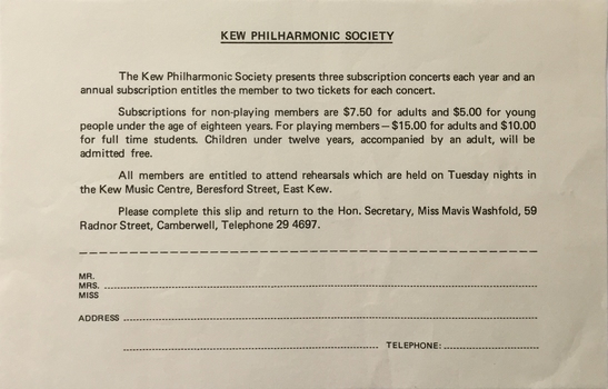 Kew Philharmonic Society [Subscriptions]
