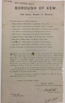 Notification to the Residents of Derrick Street by the Local Board of Health, 1885