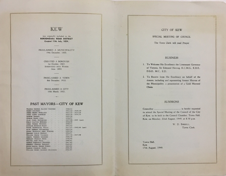 Notice Paper, Special Meeting, Kew City Council, 1949