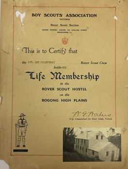 1st Kew (Flinders) Rover Scout Crew - Life Membership Certificate in the Rover Scout Hostel on the Bogong High Plains