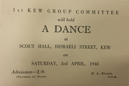 Dance Entrée Card, 1st Kew Scouts, 1948