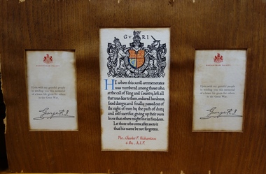 Commemorative Scroll and Letters, Pte Charles F. Richardson, 6 Bn, A.I.F., 1915