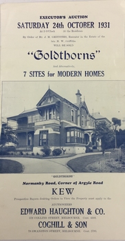 Executor's Auction, Sunday 24th October 1931, "Goldthorns", Normanby Road, Corner of Argyle Road, Kew