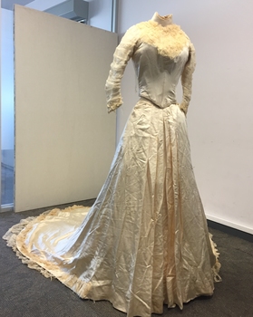 Two Piece White Satin & Lace Wedding Dress by Mrs Pamely (Richmond), c.1900