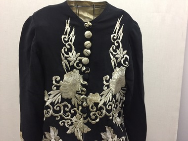 Black Crepe Jacket with Cream Silk Embroidery, 1930s