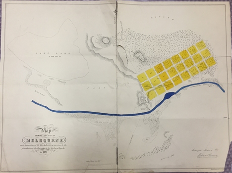 Map of Melbourne: Map Shewing the Site of Melbourne and the Position of the Huts & Buildings Previous to the Foundation of the Township by Sir Richard Bourke in 1837 / by Robert Russell