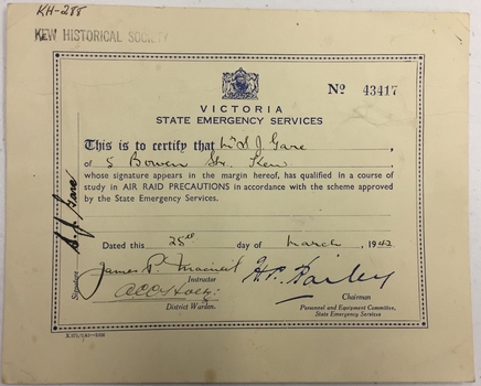 Air Raid Precautions Certificate No.43417, Mr S J Gare, 5 Bowen St., Kew