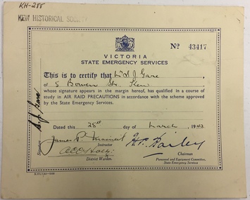 Air Raid Precautions Certificate No.43417, Mr S J Gare, 5 Bowen St., Kew