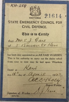 Air Raid Warden: Mr. S.J. Gare, 5 Bowen St., Kew, 1942