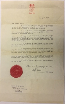 Letter and Presentation Wallet given to [Pte.] M.H. Martin  by the Mayor, Councillors & Citizens of Kew on his Enlistment for Active Service Abroad
