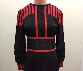 Black Crepe Evening Dress with Red Crosgrain Braid, circa 1975