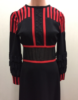 Black Crepe Evening Dress with Red Crosgrain Braid, circa 1975