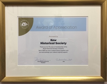 Award of Appreciation presented to Kew Historical Society, 2018