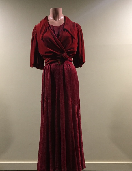 Clothing - Red Lace Evening Dress, & Matching Red Velvet Jacket, 1930s