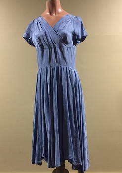 Blue Self-patterned Rayon Dress with Full Pleated Skirt, 1950s