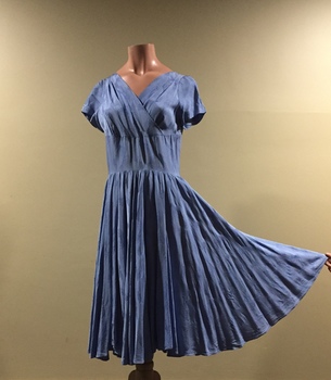 Blue Self-patterned Rayon Dress with Full Pleated Skirt, 1950s