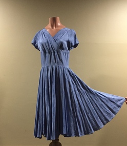 Blue Self-patterned Rayon Dress with Full Pleated Skirt, 1950s