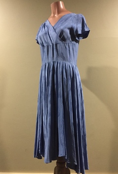 Blue Self-patterned Rayon Dress with Full Pleated Skirt, 1950s