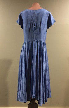 Blue Self-patterned Rayon Dress with Full Pleated Skirt, 1950s