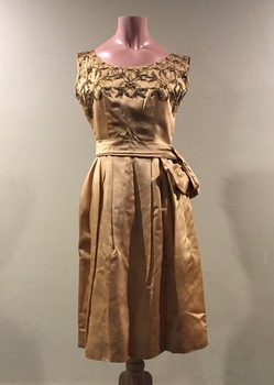 Gold Satin Cocktail Dress with Beaded Bodice