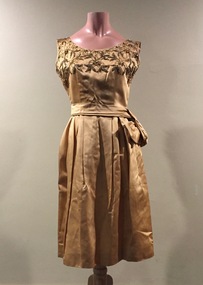 Gold Satin Cocktail Dress with Beaded Bodice