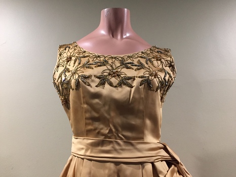 Gold Satin Cocktail Dress with Beaded Bodice