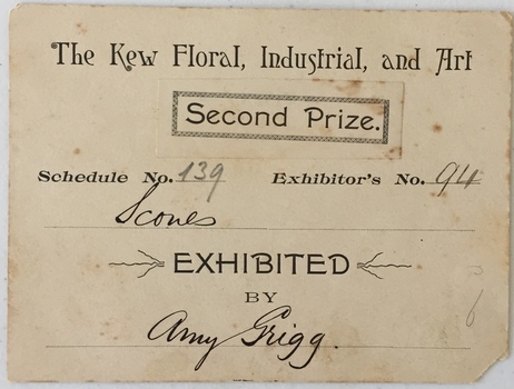 The Kew Floral, Industrial, & Art Society, Second Prize Scones 1889