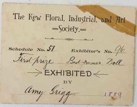 The Kew Floral, Industrial, & Art Society, First Prize Best Dressed Doll 1889