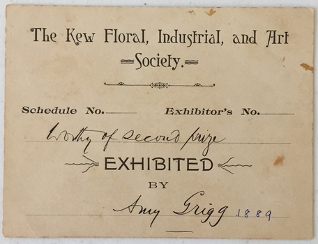 The Kew Floral, Industrial, & Art Society, Worthy of Second Prize 1889