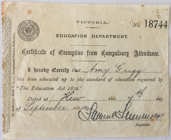 Document, Robert S Bain, Certificate of Exemption from Compulsory Attendance No.18744, 1891