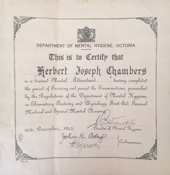Certificate of Qualification, Mental Attendant, Department of Mental Hygiene (Victoria)