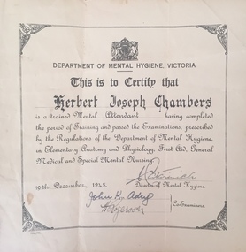 Certificate of Qualification, Mental Attendant, Department of Mental Hygiene (Victoria)