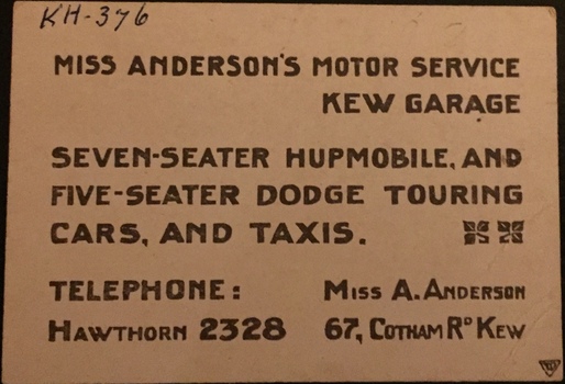 Alice Anderson's Motor Garage, 1918-1920
