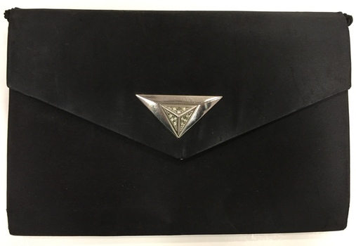 Black Satin Evening Purse with Metal Clip and Chain, 1950s
